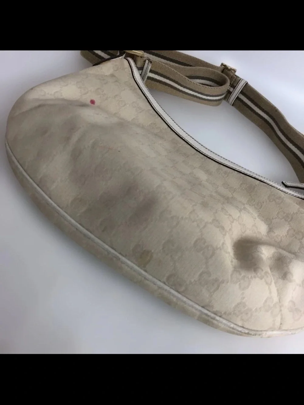 Gucci Beige Monogram Shoulder Bag with Striped Canvas Strap